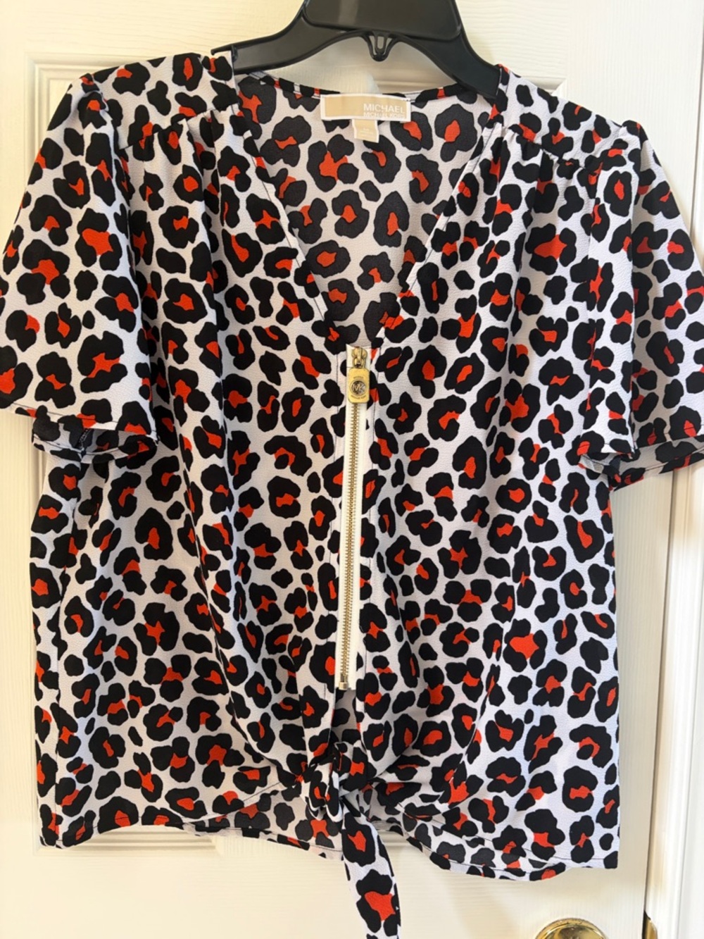Michael Kors Black, White & Red Leopard Zip-Front Top